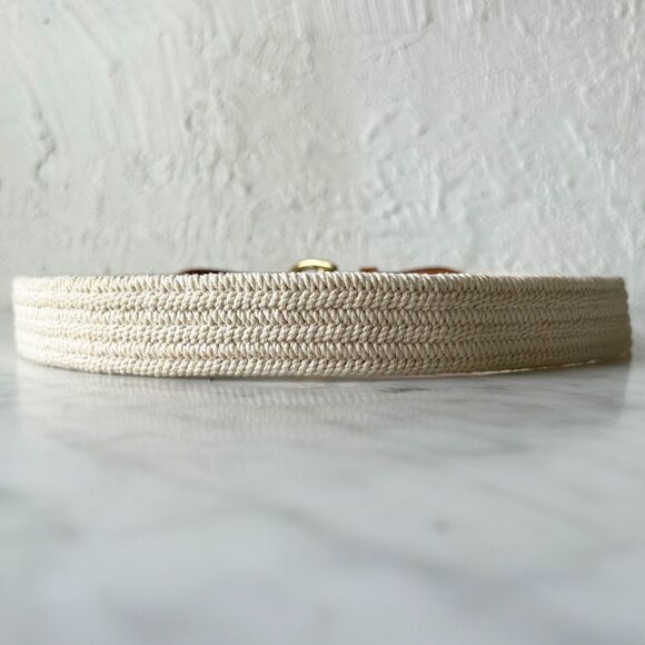 Vintage 90s Lands' End Brown Leather Belt Woven Cotton Off-White-Women's Size 30 - Picture 4 of 8